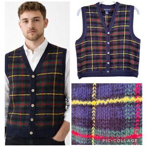 New Mountain Lake Plaid Wool Blend Knit Sweater Vest Button Front Unisex Large